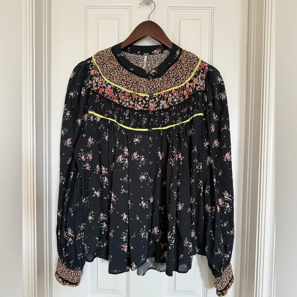 Free People Black Floral Button-Front Blouse with Neon Trim